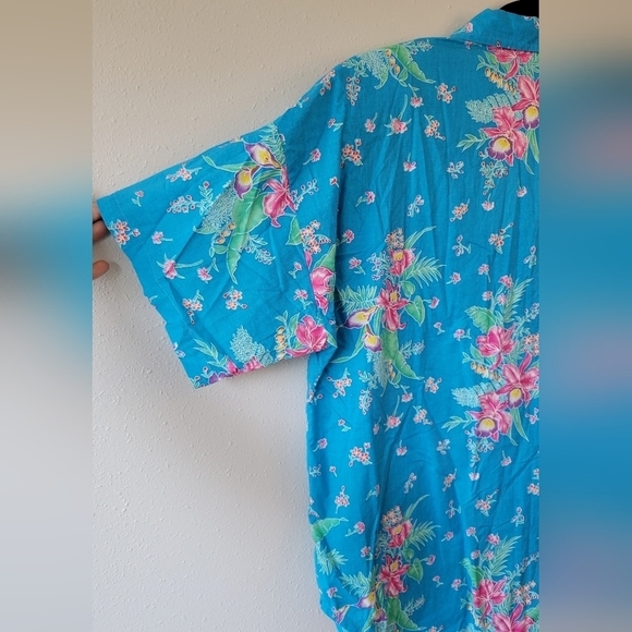 Vintage Hawaiian Floral Top Blue Pink Tropical Button Down 90s 80s - Picture 2 of 5